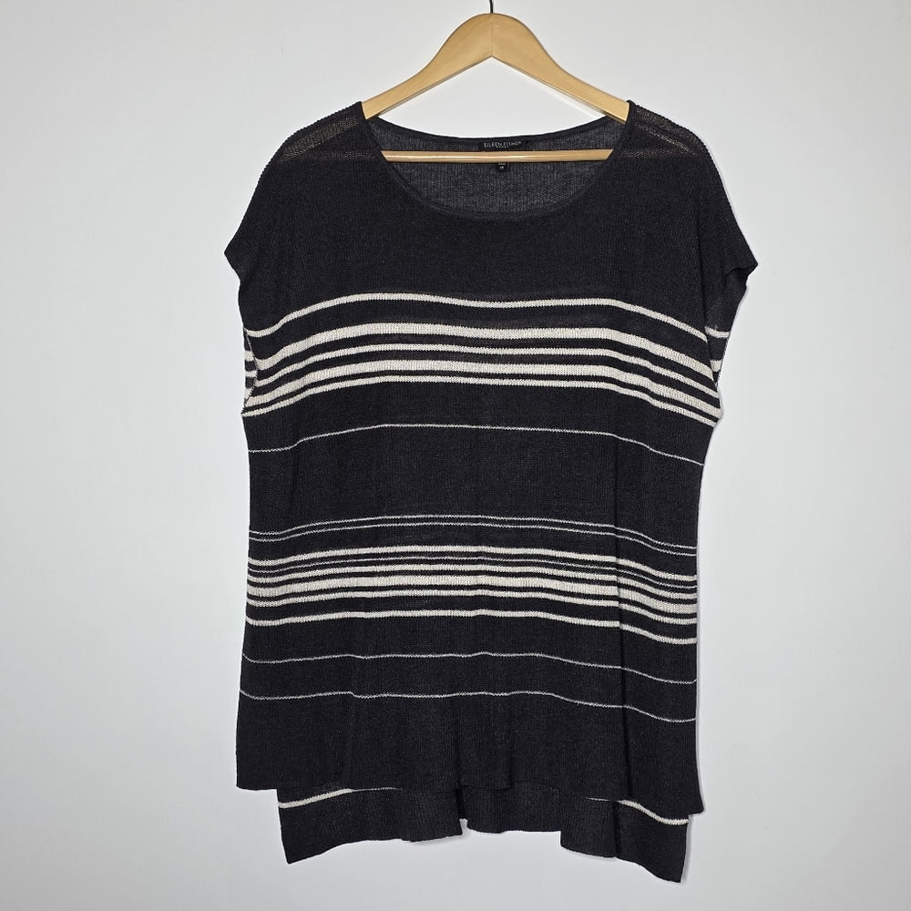 Eileen Fisher Black and white Striped Linen blend poncho style knit top Size 1X - Picture 2 of 8